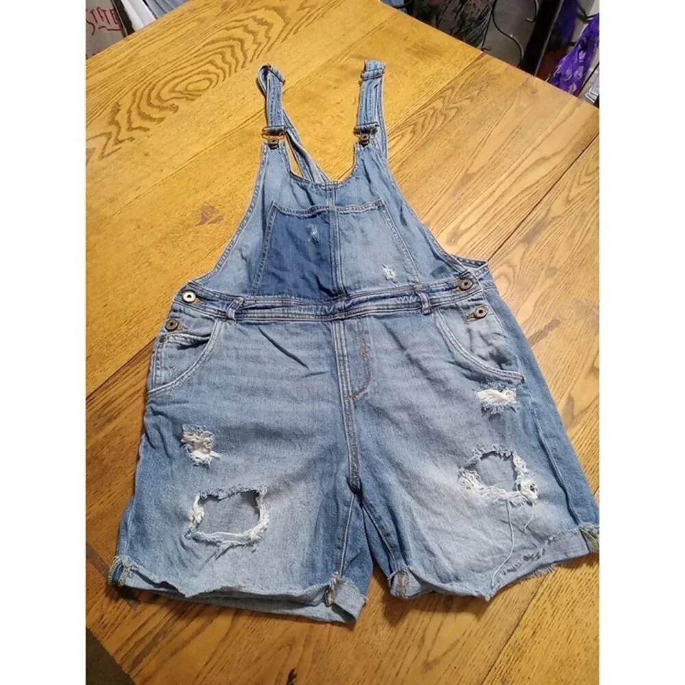 ZARA OVERALLS Jeans Womens Shortalls MEDIUM Preowned Denim Distressed Holes - Picture 1 of 9